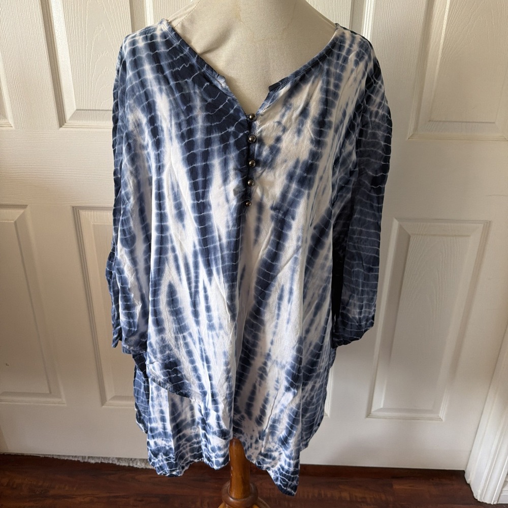 Catherines 3X Blue Shibori Tunic Top Plus Asymmetrical Hem 3/4 Sleeve Boho Flowy